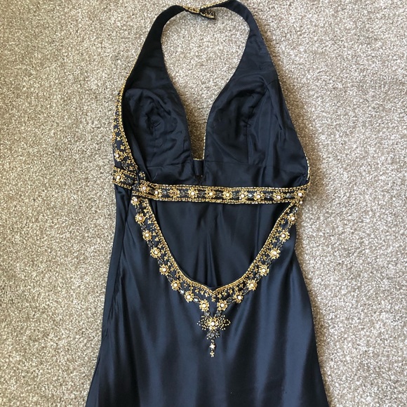 PROM READY FABULOUS BEJEWELED HALTER NECK LOW BACK SATIN GOWN W/Matching Jacket - Picture 5 of 14